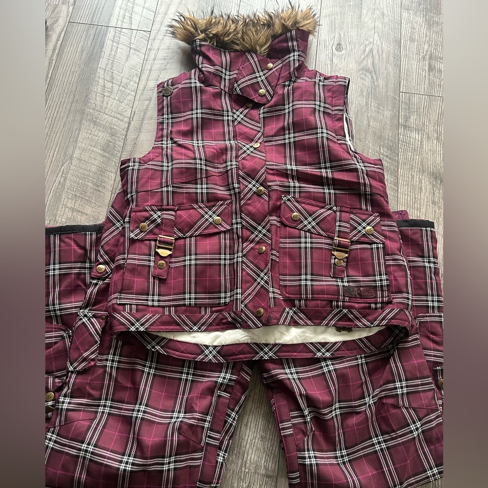 Plaid Snow Vest with Faux Fur Trim with matching pants